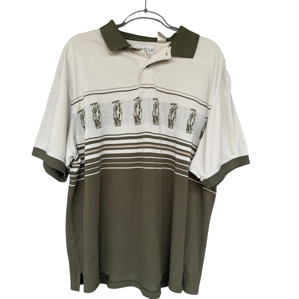 Grand Slam Polo Shirt Mens XL Green Beige Golf Stripe Casual Golfwear Top